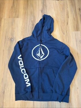Volcom Navy Zip Hoodie with White Logo and Sleeve Text